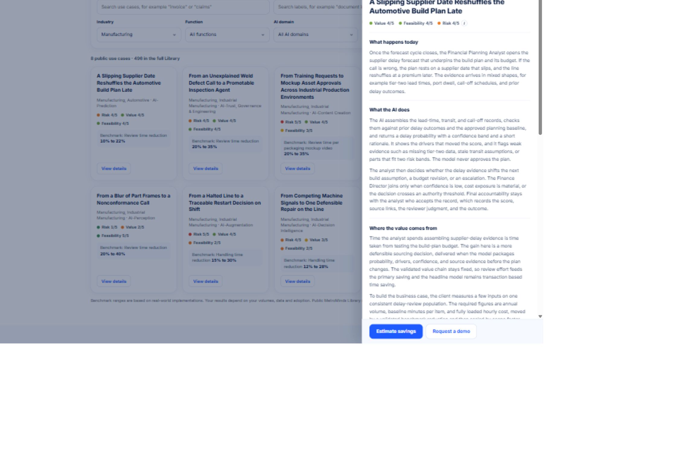 Explorer · detail panel — A use case with scores, benchmark ranges and the effect on roles.