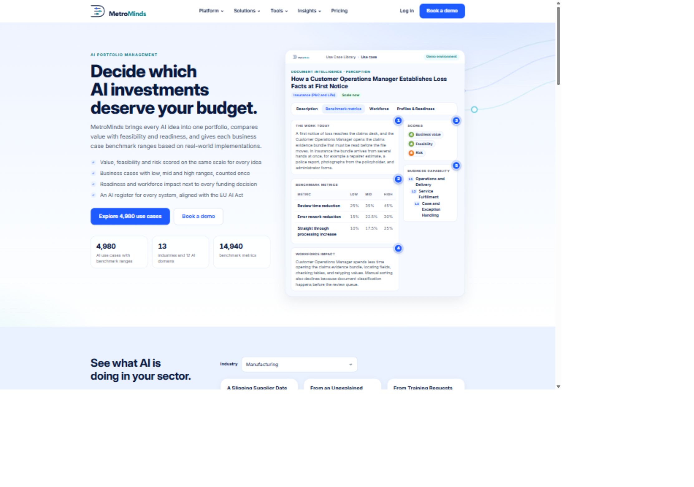 MetroMinds homepage showing the funding-decision proposition and a use-case example
