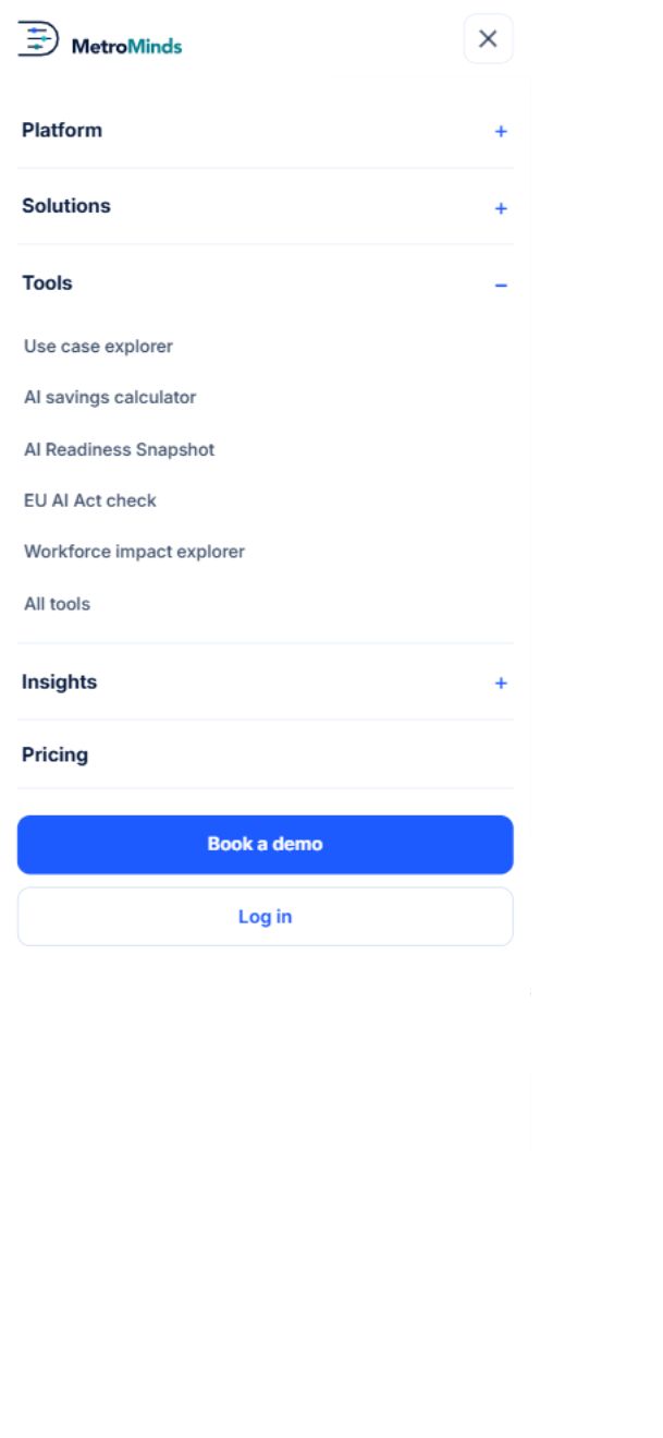 Navigation · expanded menu — The mobile Tools menu exposes all five tools.